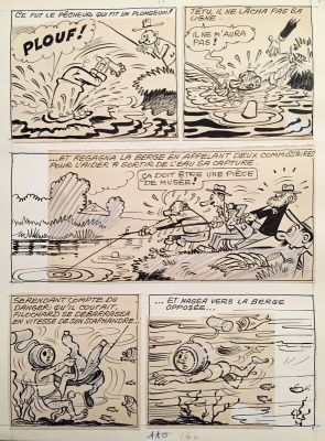 René Pellos (Encrage), Roland de Montaubert (Scénariste) | René Pellos - Pellos, Les pieds nickelés#39, Les pieds nickelés superchampions de la pêche, planche n°15, 1958. | 2DGalleries