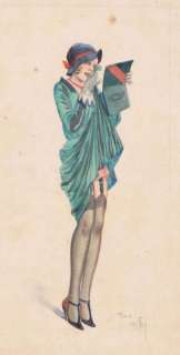 Giffey. René - Â«La Coquine se maquilleÂ». Belle gouache couleurs sur papier,