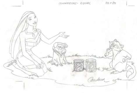POCAHONTAS & MEEKO - Disney Studios - Original Production Drawing  - Cardona - Page volante - Dessiné Ã  la main - (1990) | Catawiki