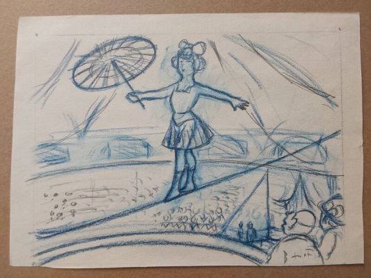 Louis Forton | Louis Forton Piste aux étoiles Funambule ,Joli Dessin Original Signé Préparatoire au Crayon Bleu Étude Cirque 1 Année 20 | 2DGalleries