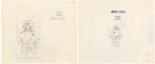 Tintin - 2x Croquis préparatoire pour film d animation - Haddock en scaphandre - On a marché sur la lune - Page volante - EO - (1960/1962) | Catawiki