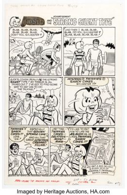 Dan DeCarlo and Jim DeCarlo (attributed) - Josie Twinkies Complete 1-Page Ad "Strong Silent Type" Original Art and Production Materials Group of 3 (Archie, 1978). (Total: 3 Original Art) | Heritage