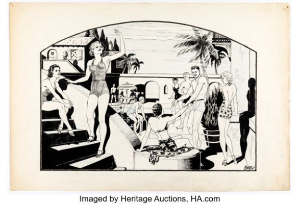 W. Bolte Gibson - Pool Party Magazine Illustration Original Art (c. 1930-40s). | Heritage