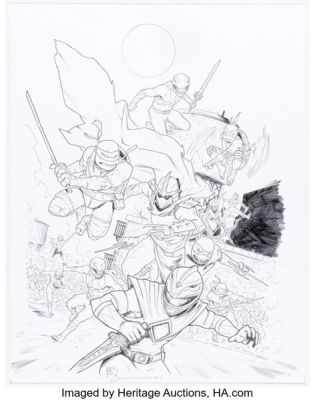 Ben Bishop Mighty Morphin Power Rangers / Teenage Mutant Ninja Turtles #1 Variant Cover Pencils Original Art (Boom!, 2019).