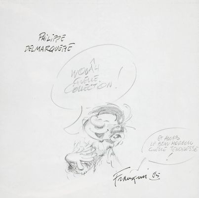* Franquin - Dédicace... | Lot 554 - * Franquin - Dédicace : Buste de Gaston se pâmant devant... | Tessier Sarrou