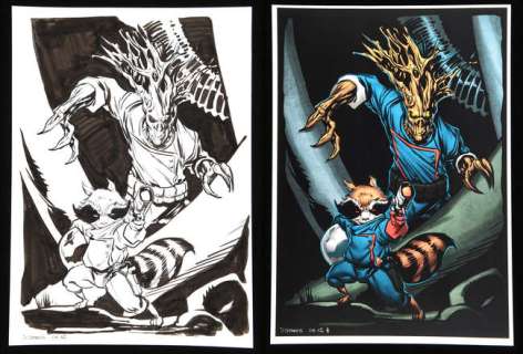 Lot 1321 - Dave Stokes an original artwork of Rocket Racoon and Groot (Guardians of the Galaxy) with coloured…