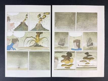Hugo Pratt - "Mu, la cittÃ  perduta" 2x prove colore - Sequenza esplosione del vulcano - Loose page - First edition - (1988) | Catawiki