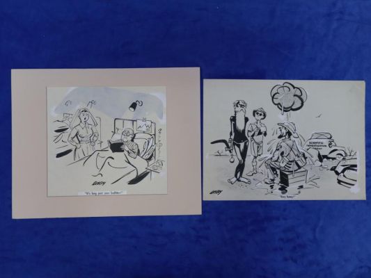 TWO JACK LUSBY INK AND GOUACHE COMICS, ONE TITLED "VERY FUNNY" THE OTHER "ITS LONG PAST YOUR BEDTIME" | misc / divers