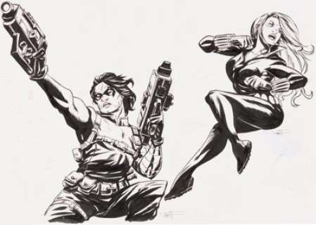 Sanford Greene - Winter Soldier and Black Widow Illustration Original Art (c. 2020)....