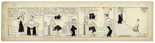 Chic Young Hand-Drawn ’’Blondie’’ Comic Strip From 1934 Titled ’’He Couldn’t Take It’’ -- Baby Dumpling Falls Asleep While Riding His Play Car | Nate Sanders