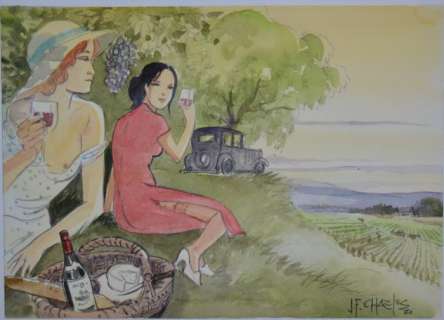 Femmes - Aquarelle originale - Voyage en Italie - Picnic improvvisato - Le Pique-nique | Catawiki