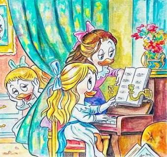 Tony Fernandez, Disney Artist | April, May & June inspired by Renoir’s "Two Girls at the Piano" (1892) - Original Painting - Tony Fernandez Signed - Acrylic Art | Catawiki