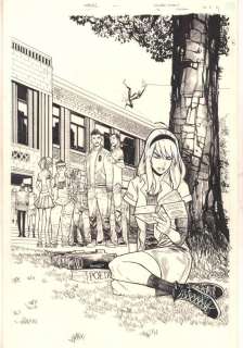 Humberto Ramos - gwen stacy #2 variant cover - gwen reading in high school with spider-man webslinging in background - 2019 signed