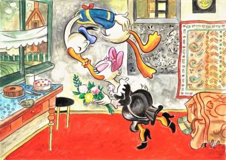 Tony Fernandez, Disney Artist | Donald & Daisy inspired by Marc Chagall "The Birthday" 1915 Painting - Original Painting - Signed by Tony Fernandez - 50 x 35 cm | Catawiki