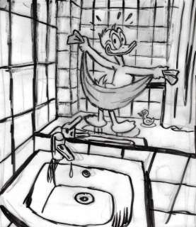 Tony Fernandez, Disney Artist | Donald Duck Shower Time! - Original Preliminary Sketch - Signed by Tony Fernandez | Catawiki