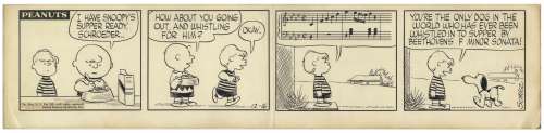  - Charles Schulz Original Hand-Drawn ‘‘Peanuts‘‘ Comic Strip -- In This Strip From 1957, Schulz Draws the Score From Beethoven‘s Piano Sonata No. 1 to Call in Snoopy, Who Trots in on 4 Feet