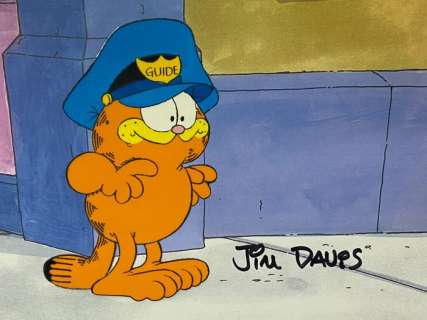 Jim Davis | Garfield and Friends (1988) - Original Animation Cel of Garfield, Signed by Jim Davis with Copy Background | Catawiki