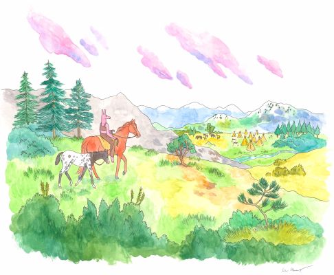 Lisa Hanawalt | Coyote Doggirl - Returning with a Gift - Encre de Chine et aquarelle sur papier | Huberty Breyne Gallery