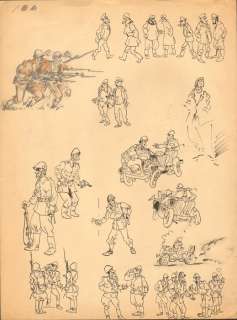 Follet, René | Follet, René - Page avec esquisses (recto-verso) - Le Fauché Â» et Â« Militaires Â» - Travail début! - (1945/1946) | Catawiki