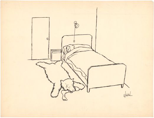 Chaval | La descente de lit - Encre de Chine sur papier | Huberty Breyne Gallery