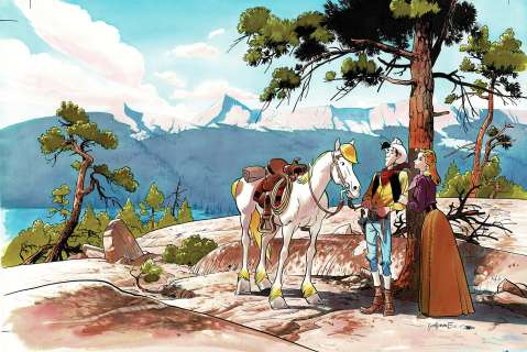 Matthieu Bonhomme | Lucky Luke et Laura Legs, dessin original très grand format à l’encre de chine et à l’aquarelle. | Septimus