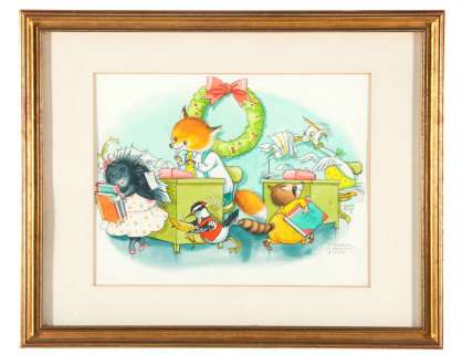 ELOISE ILLUSTRATOR HILARY KNIGHT FRAMED CHRISTMAS CARD ORIGINAL ART. | Hake’s