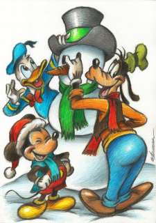 Joan Vizcarra | Mickey, Donald Duck and Goofy - Best Friends Building A Snowman - Original Drawing - Joan Vizcarra - Pencil Art - Original Artwork | Catawiki