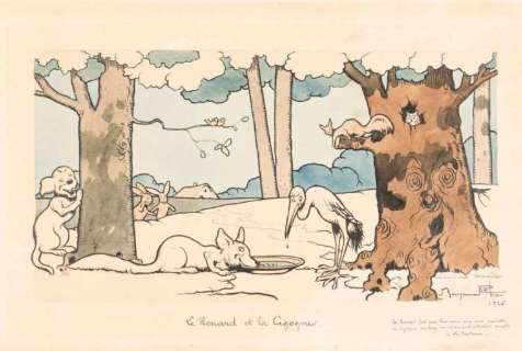Rabier Benjamin - Â«Le Renard et la CigogneÂ». Illustration Ã  l‘encre de Chine