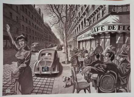 Arroyo, Jean-Michel | Arroyo, Jean-Michel - Dessin original - Pigalle 1950 - Café de Flore - (2022) | Catawiki