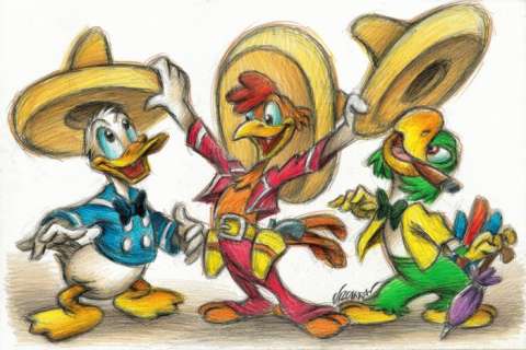 Joan Vizcarra | Disney’s The Three Caballeros: Donald Duck, Panchito Pastoles and José Carioca - "Let’s Sing!" - Original Drawing - 48 x 32 cm - Joan Vizcarra - Pencil Art | Catawiki