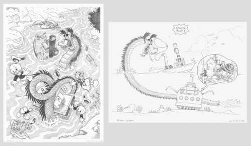 Roberto Ronchi | Donald Duck, Huey, Dewey, Louie - "Creature from the River" - Inspired by a Carl Barks Story (2023) | Catawiki