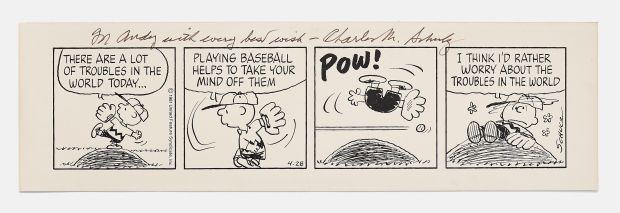 Original Charles Schulz Hand-Drawn Peanuts Strip with Baseball Content Featuring Charlie Brown on the Pitcher’s Mound | Nate Sanders