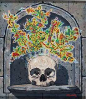 Robert Williams Scrimshaw Skull Painting Original Art with Hand Made Frame (1979). A bouquet of ectoplasm floats - | Heritage