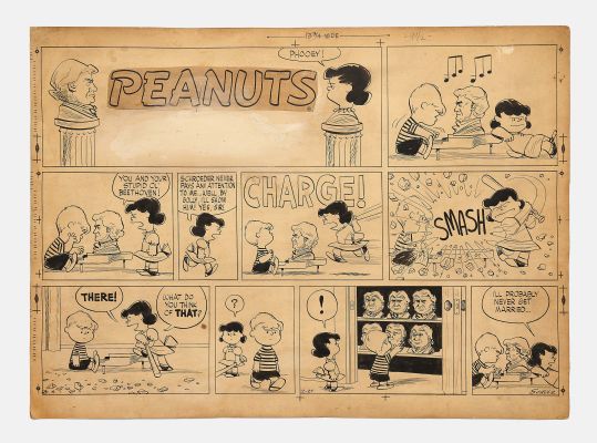 Charles Schulz Original Hand-Drawn and Signed ‘‘Peanuts‘‘ Sunday Comic Strip -- Early Strip from 1955 Shows Lucy Taking Dramatic Action Against Her Nemesis Beethoven