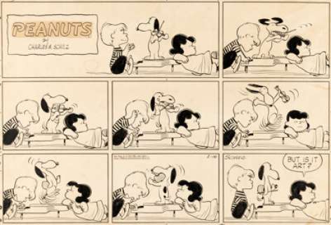 Charles Schulz Peanuts Sunday Comic Strip Snoopy, Lucy, and Schroeder Original Art dated 2-16-58 (United Feature Syndicate, 1958). | Heritage