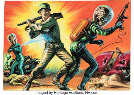 Norm Saunders Mars Attacks! Trading Card #18 "A Soldier Fights Back" Painting Original Art (Topps, 1962). | Heritage