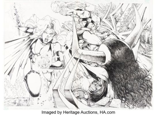 Steven Hughes Lady Death #3 Double Splash Pages 2-3 Original Art (Chaos!, 1994).