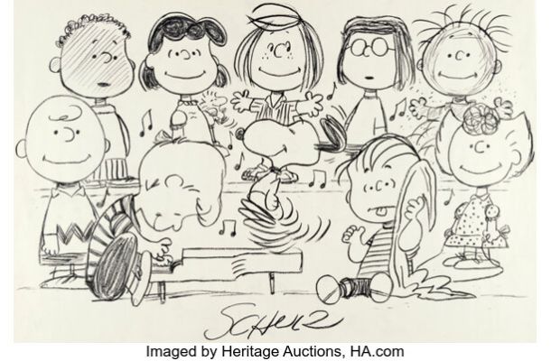 Charles Schulz - Peanuts 11 Character Dancing Snoopy Illustration Original Art (c. 1971). | Heritage
