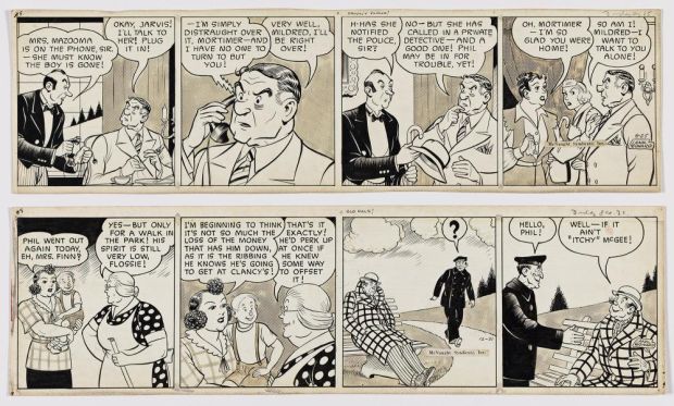 Lot 162 - Lank Leonard, (1896-1970), 2 Mickey Finn comic strips, "Privacy Please!" and "Old Pals!" 1943, 1944.