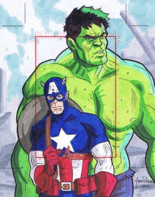 Mark dos Santos | Hulk & Captain America - Avengers Artist Proof Sketch Card By Mark dos Santos | ComicArtFans Classifieds