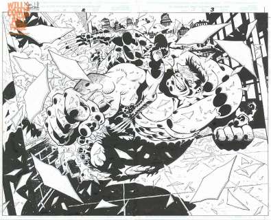 Ian Churchill Mark Farmer - Hulk #15 Pgs 2-3 Double Page Splash (Marvel, 2008) & Marvel/Topps Trading Card Art