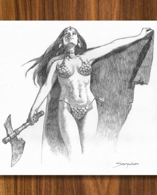 Sanjulian, Manuel Pencil drawing - Red Sonja with Axe and Cape – Original Pencil Drawing – Hand Signed | Catawiki