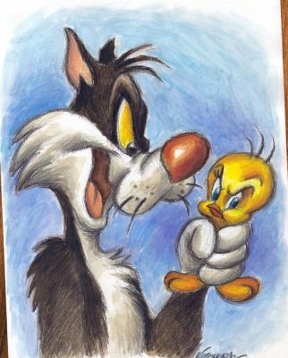 Joan Vizcarra Œuvre d’art - Sylvester & Tweety “Caught at Last!” – Hand Signed Original Painting | Catawiki