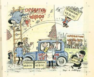 Walthéry François (Né En 1946) & Peyo Pierre Culliford Dit  (1928-1992) - Encre de Chine pour une illustration réalisée en 1972 pour l‘action de Solidarité Â«Â Opération 48 81 00Â Â», permettant de venir en aide Ã  des personnes peu valides, en détresse ou démunies. Représente notamment Benoit Brisefer, Tonton Placide, Monsieur Dussiflard, Madame Adolphine, Natacha et Jijé caricaturé au 1er plan, devant le taxi de Monsieur Dussiflard. Signée Ã  l‘encre de Chine Â«Â Peyo et WalthéryÂ Â», dessin vraisemblablement réalisé par Walthéry. Mise en couleur aux crayons sur calque. 27,4Â xÂ 33Â cm.