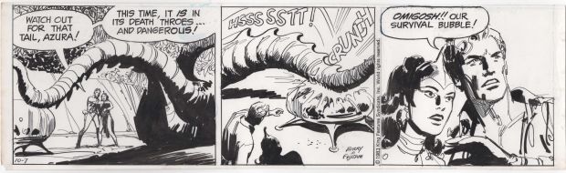 Dan Barry E Bob Fujitani | Striscia originale Flash Gordon (King Features Syndicate, 7/10/1983). Cm. 36 x 11. Firmata Barry & Fujitani. | Art e Fumetto