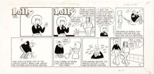 Pete Hansen Lolly Sunday Comic Strip Original Art dated 12-9-73 (Chicago Tribune, 1973). Lolly‘s office fantasy -
