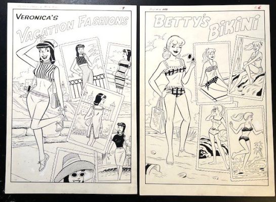 Dan Decarlo | Decarlo - Veronica + Betty in Sexy Summerwear- Two Gorgeous 1965 Large Art Pinups To Be Sold As a Pair Issue Betty And Veronica # 116 Page 6 And 9 | Koch Comic Art