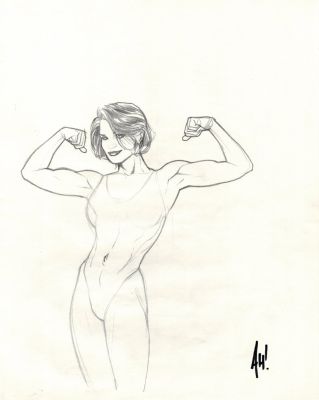 Adam Hughes | 1993 Sketch Book 11 X 14 Inch, Sexy Flexing Babe Hero Concept Character Design, with Photo of Adam Hughes Signing Actual Artwork! | Romitaman