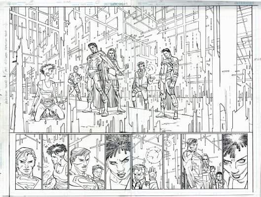 John Romita Jr., Klaus Janson | Action Comics #1027 P 10-11 Double Spread Splash! (Supergirl, Superman, 2 Superboys, & Brainiac 5 All Confront the Red Cloud!) 2020 | Romitaman