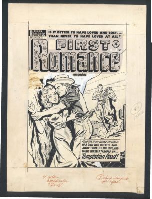 Al Avison | Avison Romance Cover - Cowboy Pins Girl To Boulder As Hero Rides Up Issue First Romance Magazine # 18 Page Cover | Koch Comic Art